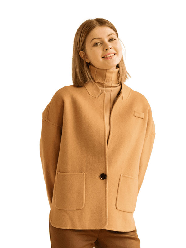 a girl wears brown jacket