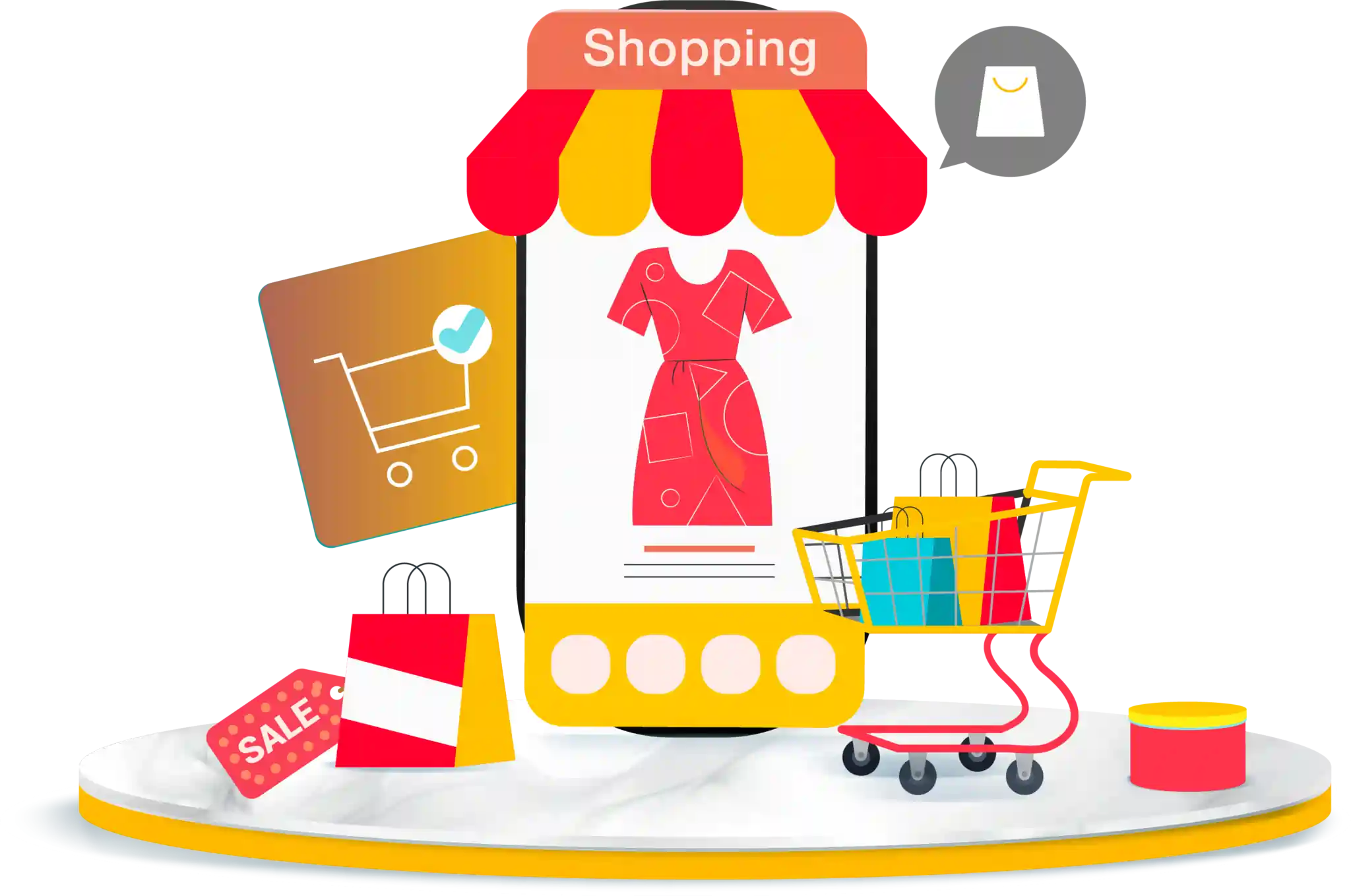 a mobile phone with a shopping cart and a shopping bag.