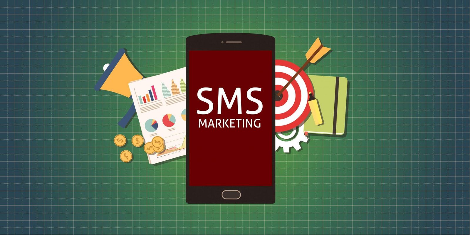 The artwork emphasizes SMS marketing, with targeted offers and promotions being delivered to mobile subscribers